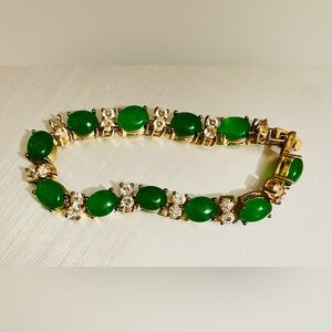 Vintage Green and Gold Women’s Tennis Bracelet Lucky Jade w/ Crystal Stone 7.5”